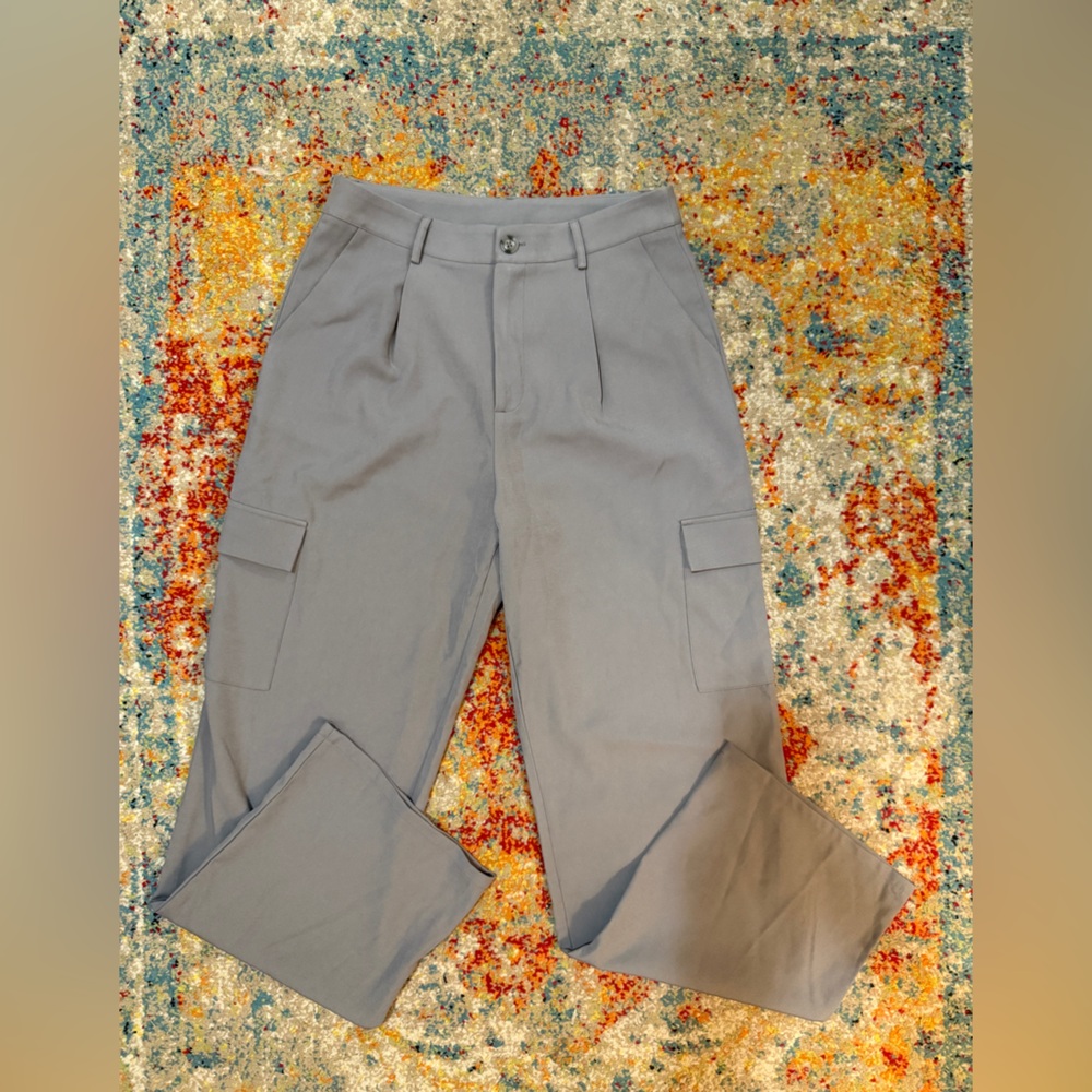 Light grey high waisted wide leg work trousers with cargo pockets